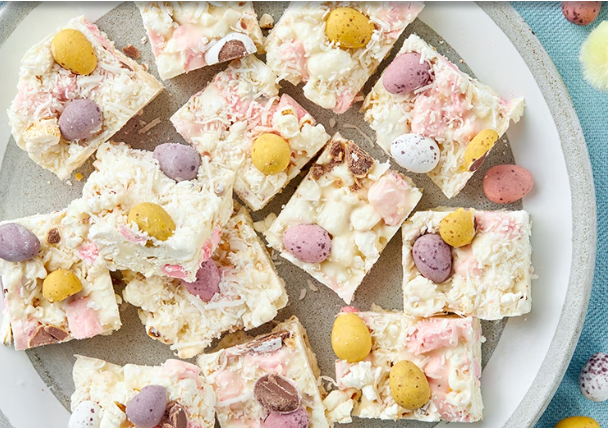 White chocolate rocky road with sprinkled Easter eggs